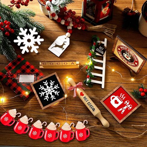 15 Pcs Valentine's Day Tiered Tray Decor Set, Heart Table Top Decor Farmhouse Wooden Block Signs Rolling Pin Wood Beads Garland Decor with LED String Lights for Valentine Home Kitchen Decorations in Saudi Arabia