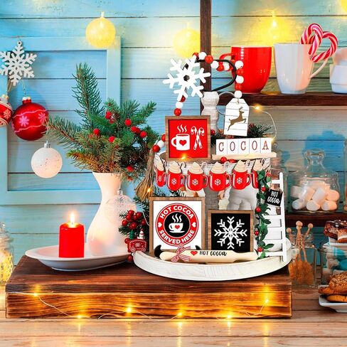 15 Pcs Valentine's Day Tiered Tray Decor Set, Heart Table Top Decor Farmhouse Wooden Block Signs Rolling Pin Wood Beads Garland Decor with LED String Lights for Valentine Home Kitchen Decorations in Saudi Arabia