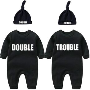 YSCULBUTOL Baby Twins Bodysuits Funny Double Trouble Cute Girl Romper Twin Jumpsuits Hat Set