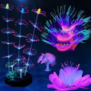 HIKTQIW 4 Pack Silicone Glowing Fish Tank Decorations Plants with Simulation Glowing Sucker Coral Sea Anemone Coral Fluorescence Lotus Leaf Coral for Aquarium Fish Tank Glow Ornaments