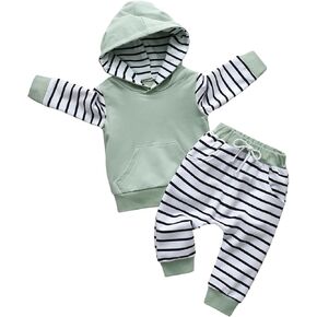 Rebey Toddler Infant Baby Boy Clothes Striped Long Sleeve Hoodie Tops Sweatsuit Pants Outfit Set