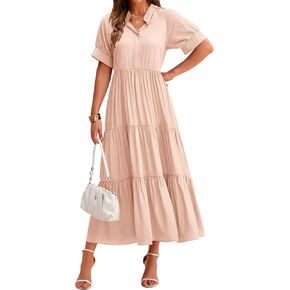 dowerme Women's Summer Dresses 2024 Casual Short Sleeve Button Loose Fit Pleated Boho Flowy Swing Long Beach Sun Dress