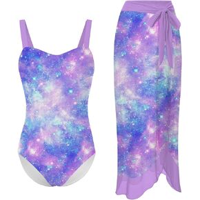 uideazone Girls One Piece Swimsuit with Cover Up Wrap Skirt Set Cool Printed Two Piece Bathing Suit 6-12T