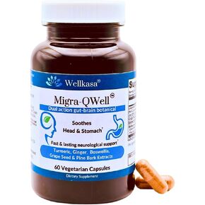 Migra-QWell: دعم القناة الهضمية والدماغ المزدوج | مزيج نباتي مع الكركم والزنجبيل والبوسويليا وبذور العنب | نباتي، خالي من الغلوتين، بدون مكونات صناعية (عدد واحد (عبوة من 60 قطعة))