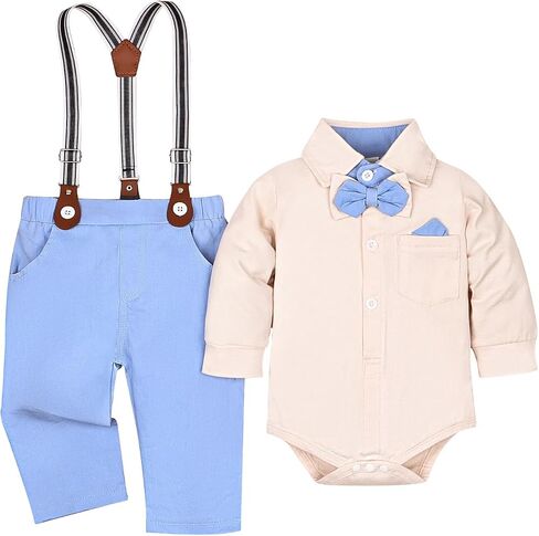 Baby Boy Clothes Gentleman Outfits Infant Bodysuit Long Sleeve Shirt with Bowtie Suspender Pants Suits Set 0-18M in Saudi Arabia