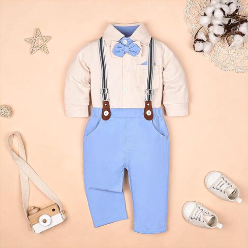 Baby Boy Clothes Gentleman Outfits Infant Bodysuit Long Sleeve Shirt with Bowtie Suspender Pants Suits Set 0-18M in Saudi Arabia