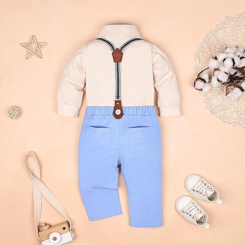 Baby Boy Clothes Gentleman Outfits Infant Bodysuit Long Sleeve Shirt with Bowtie Suspender Pants Suits Set 0-18M in Saudi Arabia