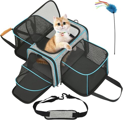 FUNNIU Cat Carrier، شركة طيران TAS ناعمة الجوانب معتمدة للقطط الكبيرة، حاملة حيوانات أليفة محمولة قابلة للتوسيع من 3 جوانب مع وسادة صوف قابلة للإزالة لجرو الكلاب الصغيرة مع عصا القطط، أسود كبير جدًا in Kuwait