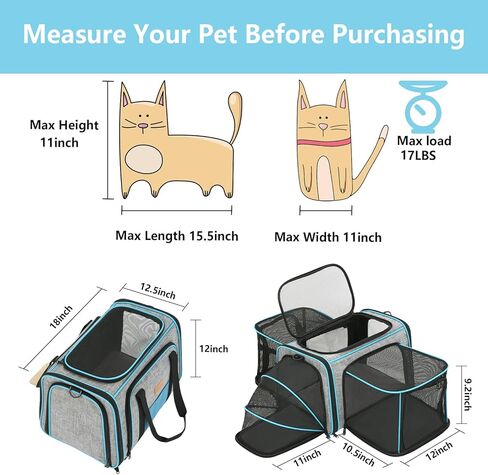FUNNIU Cat Carrier، شركة طيران TAS ناعمة الجوانب معتمدة للقطط الكبيرة، حاملة حيوانات أليفة محمولة قابلة للتوسيع من 3 جوانب مع وسادة صوف قابلة للإزالة لجرو الكلاب الصغيرة مع عصا القطط، أسود كبير جدًا in Kuwait