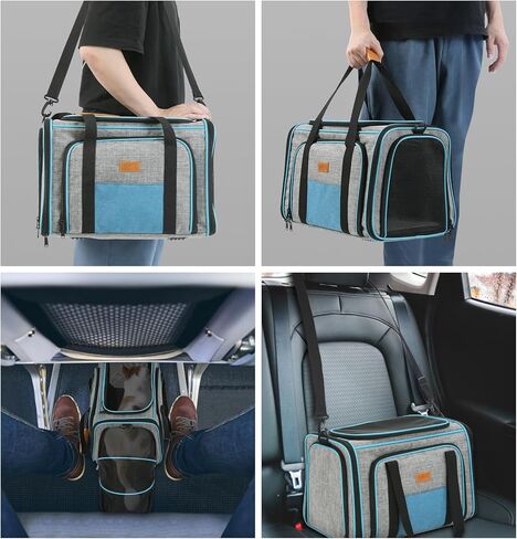FUNNIU Cat Carrier، شركة طيران TAS ناعمة الجوانب معتمدة للقطط الكبيرة، حاملة حيوانات أليفة محمولة قابلة للتوسيع من 3 جوانب مع وسادة صوف قابلة للإزالة لجرو الكلاب الصغيرة مع عصا القطط، أسود كبير جدًا in Kuwait