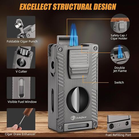 LIHTUN Cigar Torch Lighter, All-in-1 Cigar Lighter Built-in Cigar Holder Cigar Punch Cigar Draw Enhancer Cigar Cutter V Cut, Double Jet Flame Refillable Butane Lighters for smoking, Cigar Gift for Men in Kuwait