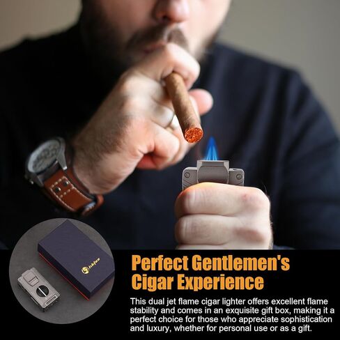 LIHTUN Cigar Torch Lighter, All-in-1 Cigar Lighter Built-in Cigar Holder Cigar Punch Cigar Draw Enhancer Cigar Cutter V Cut, Double Jet Flame Refillable Butane Lighters for smoking, Cigar Gift for Men in Kuwait