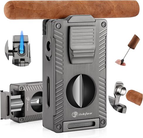 LIHTUN Cigar Torch Lighter, All-in-1 Cigar Lighter Built-in Cigar Holder Cigar Punch Cigar Draw Enhancer Cigar Cutter V Cut, Double Jet Flame Refillable Butane Lighters for smoking, Cigar Gift for Men in Kuwait