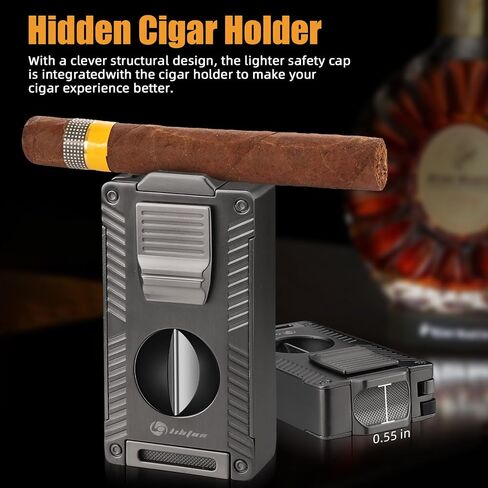 LIHTUN Cigar Torch Lighter, All-in-1 Cigar Lighter Built-in Cigar Holder Cigar Punch Cigar Draw Enhancer Cigar Cutter V Cut, Double Jet Flame Refillable Butane Lighters for smoking, Cigar Gift for Men in Kuwait