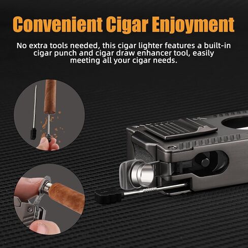 LIHTUN Cigar Torch Lighter, All-in-1 Cigar Lighter Built-in Cigar Holder Cigar Punch Cigar Draw Enhancer Cigar Cutter V Cut, Double Jet Flame Refillable Butane Lighters for smoking, Cigar Gift for Men in Kuwait
