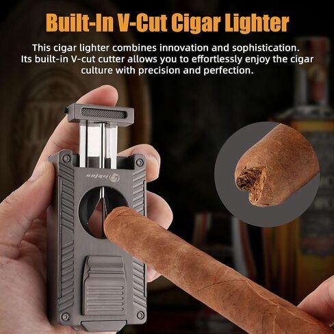 LIHTUN Cigar Torch Lighter, All-in-1 Cigar Lighter Built-in Cigar Holder Cigar Punch Cigar Draw Enhancer Cigar Cutter V Cut, Double Jet Flame Refillable Butane Lighters for smoking, Cigar Gift for Men in Kuwait