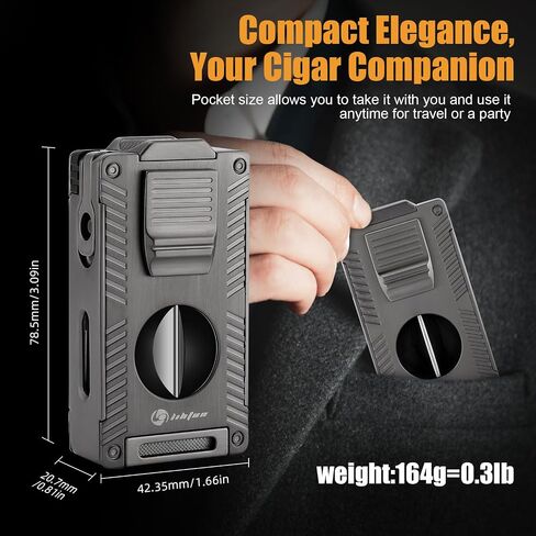 LIHTUN Cigar Torch Lighter, All-in-1 Cigar Lighter Built-in Cigar Holder Cigar Punch Cigar Draw Enhancer Cigar Cutter V Cut, Double Jet Flame Refillable Butane Lighters for smoking, Cigar Gift for Men in Kuwait