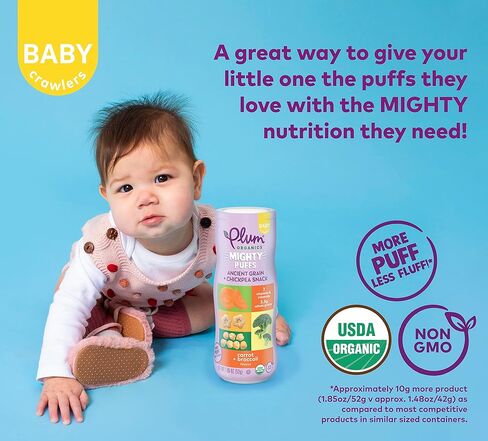 Plum Organics Mighty Puffs Snack For Babies - Variety Pack - (Pack of 6) 1.85 oz - Includes Carrot & Broccoli, Beet & Strawberry, and Spinach & Pea Flavors - Ancient Grain & Chickpea Snacks in Kuwait