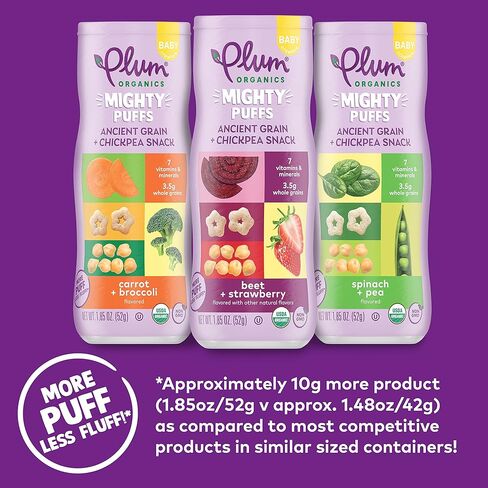 Plum Organics Mighty Puffs Snack For Babies - Variety Pack - (Pack of 6) 1.85 oz - Includes Carrot & Broccoli, Beet & Strawberry, and Spinach & Pea Flavors - Ancient Grain & Chickpea Snacks in Kuwait