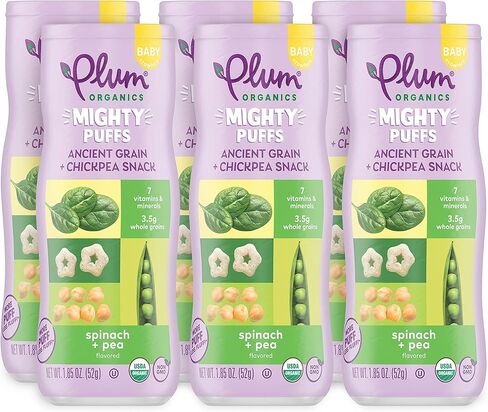 Plum Organics Mighty Puffs Snack For Babies - Variety Pack - (Pack of 6) 1.85 oz - Includes Carrot & Broccoli, Beet & Strawberry, and Spinach & Pea Flavors - Ancient Grain & Chickpea Snacks in Kuwait