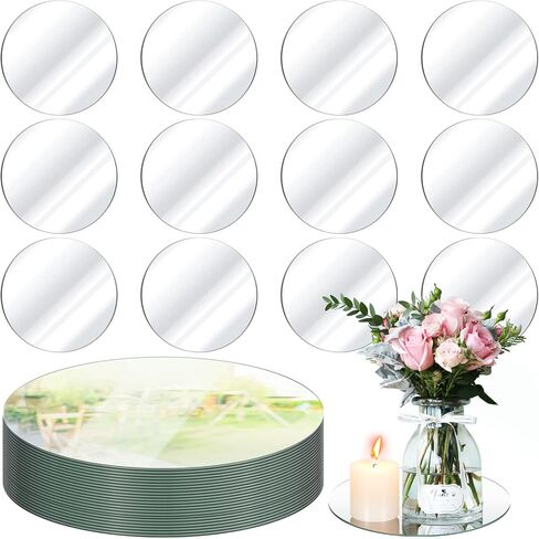 Hsei مجموعة من 12 5 بوصة صواني مرآة مستديرة للقطع المركزية مرآة مرآة لوحات شموع زجاجية مرآة مركزية للطاولات حافة مستديرة بلاط مرآة لحفلات الزفاف وحفلات استقبال المولود الجديد، 1.6 مم in Kuwait