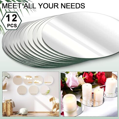 Hsei مجموعة من 12 5 بوصة صواني مرآة مستديرة للقطع المركزية مرآة مرآة لوحات شموع زجاجية مرآة مركزية للطاولات حافة مستديرة بلاط مرآة لحفلات الزفاف وحفلات استقبال المولود الجديد، 1.6 مم in Kuwait
