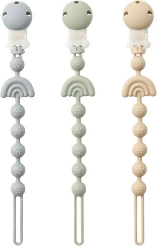 Baby Pacifier Clips One Piece Binky Clip Holder Silicone Teether Clip Pacifier Straps with Clip Baby Teether Toys for Boys and Girls Set of 3 Andy Bear-Ivory+Sage+Blush in Kuwait