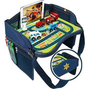 Coolmum Kids Travel Tray, Toddler Car Seat Tray, Double Sided Activity Organizer, Snack Lap Tray, Baby Stroller Tray, Airplane Play Table, Waterproof and Foldable (Premium Blue)