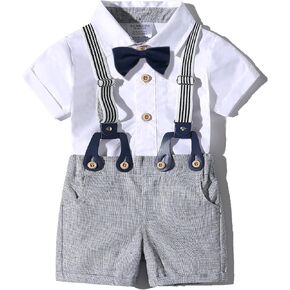 Baby Boys Gentleman Outfits Suits, Infant Short Sleeves Shirt+Bib Pants+Bow Tie Overalls Clothes Set