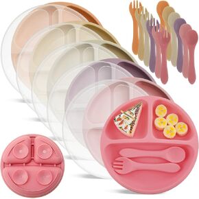 Meanplan 6 Pack Suction Plates with Lids Silicone Baby Plates Toddler Plates Divided Design Stay Put with Suction Feature BPA Free Microwave and Dishwasher Safe Assorted Colors (Cute Colors)