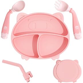 مجموعة تغذية الطفل من ديجوي، مجموعة أدوات تناول الطعام للأطفال الصغار مع شوكة ملعقة وقش قابل للإزالة للتغذية الذاتية، أواني فطام الطفل آمنة للاستخدام في الميكروويف وغسالة الأطباق - أخضر in Kuwait