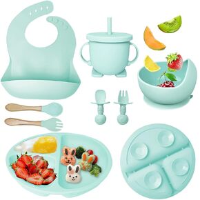 Mrkyy Silicone Baby Feeding Set, Baby Led Weaning Supplies with Suction Bowl Divided Plate, Toddler Self Feeding Dish Set with Spoons Forks Sippy Cup Adjustable Bib, Baby Eating Utensils(Grey Blue)