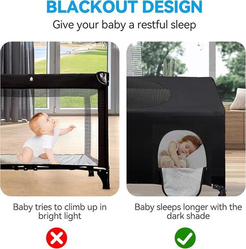 RENAISSANT Pack N Play Blackout Cover - Travel Crib Cover, Breathable Portable Travel Crib Shades, Portable Stretchy Netting Cover for Indoor & Outdoor (Black) in Kuwait