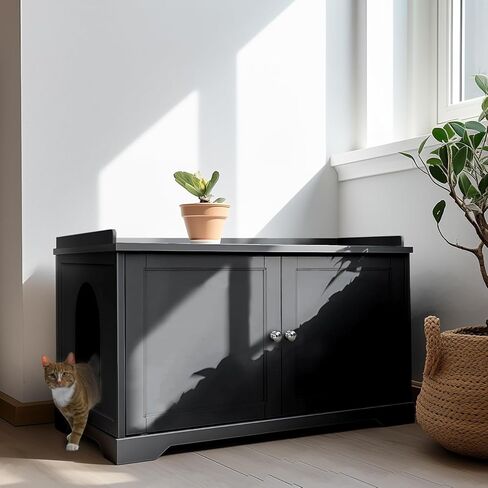 Cat Litter Box Enclosure Furniture, Litter Box Furniture Hidden with Removable Divider, Wooden Cat Washroom Furniture,Cat House, 28.74“L x 21.1"W x 20.24“H - Gray in Kuwait