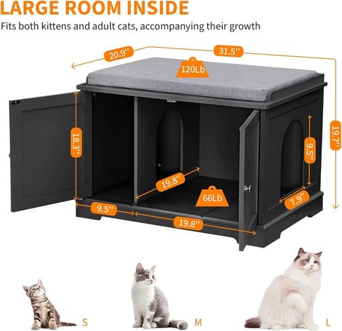 Cat Litter Box Enclosure Furniture, Litter Box Furniture Hidden with Removable Divider, Wooden Cat Washroom Furniture,Cat House, 28.74“L x 21.1"W x 20.24“H - Gray in Kuwait