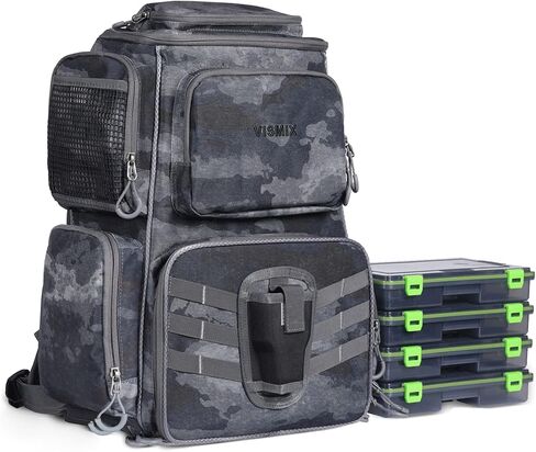 VISMIX Fishing Tackle Backpack with 4 Tackle Boxes Large Waterproof Tackle Bag Storage,Waterproof Protective Rain Cover,Backpack for Trout Fishing Outdoor Sports Camping Hiking in Kuwait