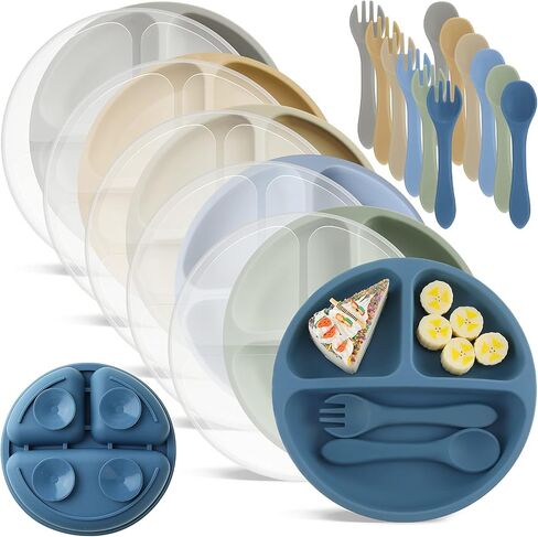 Meanplan 6 Pack Suction Plates with Lids Silicone Baby Plates Toddler Plates Divided Design Stay Put with Suction Feature BPA Free Microwave and Dishwasher Safe Assorted Colors (Cute Colors) in Kuwait