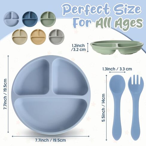 Meanplan 6 Pack Suction Plates with Lids Silicone Baby Plates Toddler Plates Divided Design Stay Put with Suction Feature BPA Free Microwave and Dishwasher Safe Assorted Colors (Cute Colors) in Kuwait