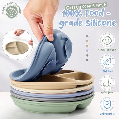 Meanplan 6 Pack Suction Plates with Lids Silicone Baby Plates Toddler Plates Divided Design Stay Put with Suction Feature BPA Free Microwave and Dishwasher Safe Assorted Colors (Cute Colors) in Kuwait
