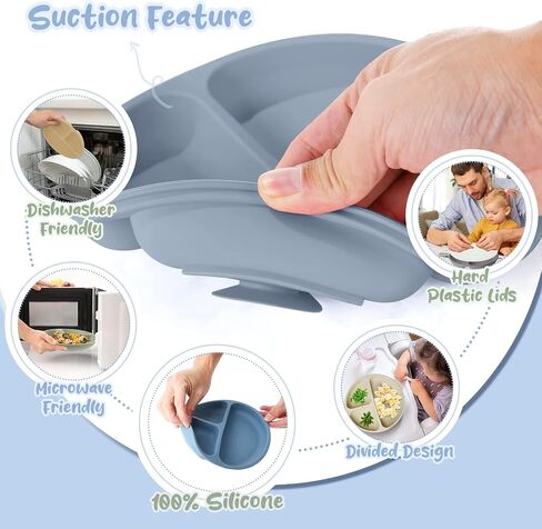 Meanplan 6 Pack Suction Plates with Lids Silicone Baby Plates Toddler Plates Divided Design Stay Put with Suction Feature BPA Free Microwave and Dishwasher Safe Assorted Colors (Cute Colors) in Kuwait