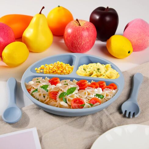 Meanplan 6 Pack Suction Plates with Lids Silicone Baby Plates Toddler Plates Divided Design Stay Put with Suction Feature BPA Free Microwave and Dishwasher Safe Assorted Colors (Cute Colors) in Kuwait