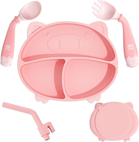 مجموعة تغذية الطفل من ديجوي، مجموعة أدوات تناول الطعام للأطفال الصغار مع شوكة ملعقة وقش قابل للإزالة للتغذية الذاتية، أواني فطام الطفل آمنة للاستخدام في الميكروويف وغسالة الأطباق - أخضر in Kuwait