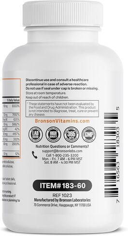 برونسون فيتامين ب 100 مركب عالي الفعالية ومستدام (فيتامين ب1، ب2، ب3، ب6، ب9 - حمض الفوليك، ب12)، 120 قرصًا in Kuwait