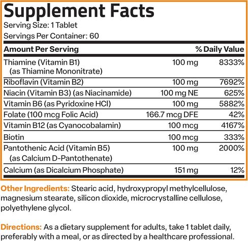 برونسون فيتامين ب 100 مركب عالي الفعالية ومستدام (فيتامين ب1، ب2، ب3، ب6، ب9 - حمض الفوليك، ب12)، 120 قرصًا in Kuwait