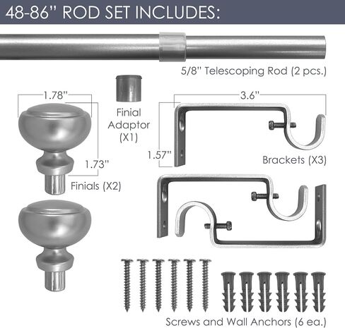 Fairbanks 48-86 Inch Adjustable Curtain Rod Set, 5/8 Inch Diameter in Brass in Kuwait
