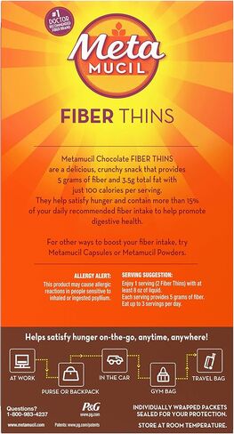 Metamucil Fiber Thins, Psyllium Husk Fiber Supplement, Digestive Health Support and Satisfy Hunger, Chocolate Flavored, 12 Servings in Saudi Arabia