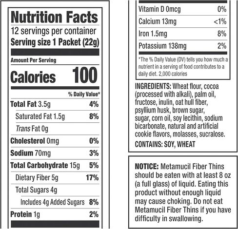 Metamucil Fiber Thins, Psyllium Husk Fiber Supplement, Digestive Health Support and Satisfy Hunger, Chocolate Flavored, 12 Servings in Saudi Arabia