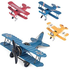 PHIROWN 4 Pack Vintage Metal Plane Models, Retro Aircraft Biplane Handicraft for Home Desktop Decor, Hanging Airplane Ornament for Christmas Birthday Gifts Cake Topper(Yellow Large and Three Small)
