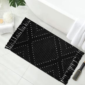 MitoVilla Black Boho Bathroom Rug 2'x3', Black White Small Kitchen Rug with Tassel, Farmhouse Geometric Bath Mat, Bohemian Rug for Bedroom, Washable Cotton Woven Entryway Throw Rug