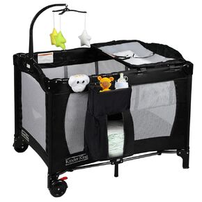 Kinder King 3 in 1 Portable Nursery Center, Foldable Playard for Baby & Toddler, Infant Pack n Play w/Bassinet, Removable Mattress, Newborn Changing Table, Travel Bag, Music Box, Storage Basket, Grey